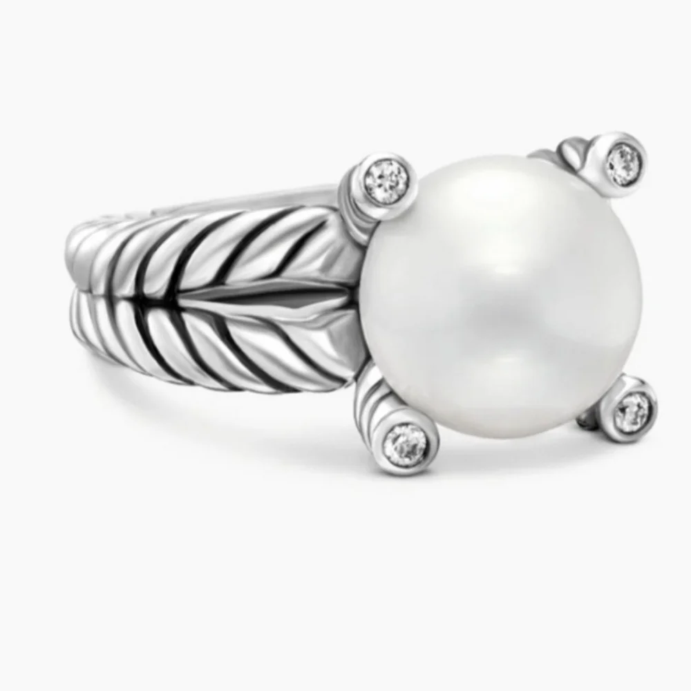 David Yurman Sterling Silver Pearl Ring With Diamonds - Picture 9 of 10